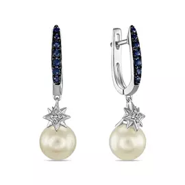 Золотые Серьги c бриллиантами, жемчугом и сапфирами