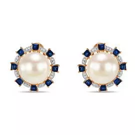 Золотые серьги c бриллиантами, жемчугом и сапфирами