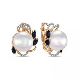 Золотые серьги c бриллиантами, жемчугом и сапфирами