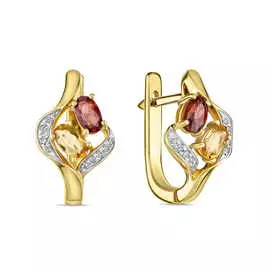 Золотые серьги c цитринами, бриллиантами и гранатами