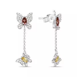 Золотые серьги c цитрином, бриллиантами и гранатами