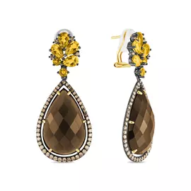Золотые серьги c цитрином, бриллиантами и кварцем