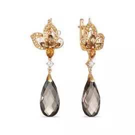 Золотые серьги c цитрином, кварцем и сапфирами