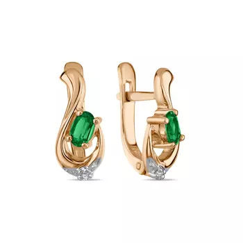 Золотые серьги c гидротермальным изумрудом и фианитами