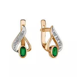 Золотые серьги c гидротермальным изумрудом и фианитами