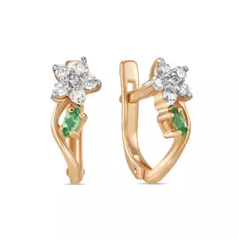 Золотые серьги c изумрудами и фианитами