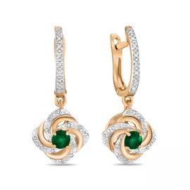 Золотые серьги c изумрудами и фианитами