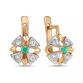 Золотые Серьги c изумрудами и фианитами