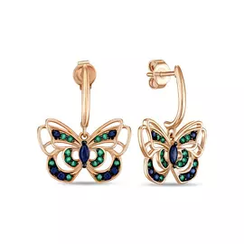 Золотые Серьги c изумрудами и сапфирами