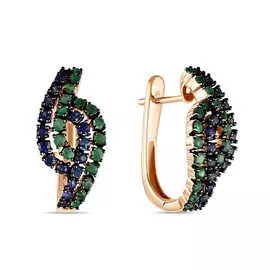 Золотые серьги c изумрудами и сапфирами