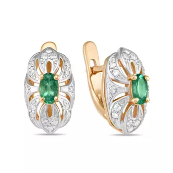 Золотые Серьги c изумрудами и фианитами