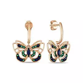 Золотые серьги c изумрудами и сапфирами