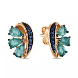 Золотые серьги c изумрудом и сапфирами