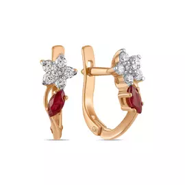 Золотые Серьги c рубинами и фианитами