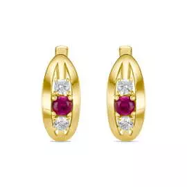 Золотые Серьги c синтетическим рубином и фианитами