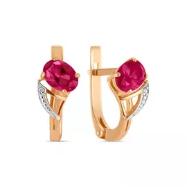 Золотые серьги c синтетический рубинами и фианитами