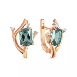 Золотые Серьги c синтетической шпинелью и фианитами