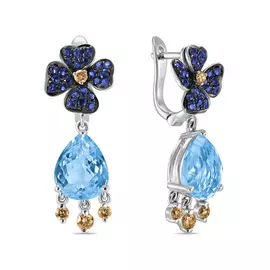 Золотые серьги c топазом, бриллиантами и сапфирами