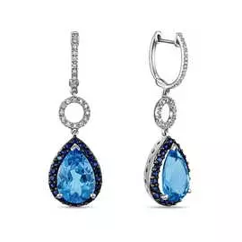 Золотые серьги c топазом, бриллиантами и выращенным сапфиром