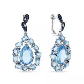 Золотые серьги c топазом, бриллиантами и сапфирами