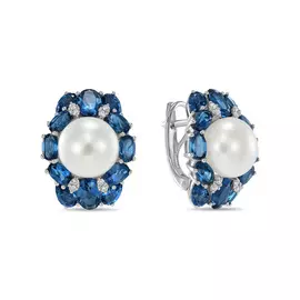 Золотые серьги c топазом, бриллиантами и жемчугом