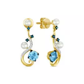 Золотые серьги c топазом, бриллиантами и жемчугом