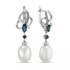 Золотые Серьги c топазом, бриллиантами и жемчугом