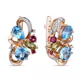 Золотые серьги c топазом, бриллиантами, перидотами и родолитом