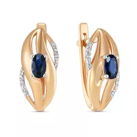 Золотые серьги c выращенным сапфиром и фианитами