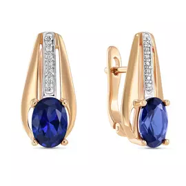 Золотые Серьги c выращенным сапфиром и фианитами