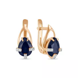 Золотые Серьги c выращенным сапфиром и фианитами