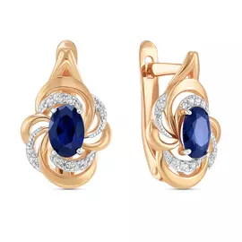 Золотые серьги c выращенным сапфиром и фианитами