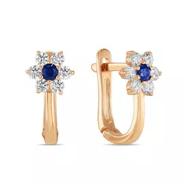 Золотые Серьги c выращенным сапфиром и фианитами