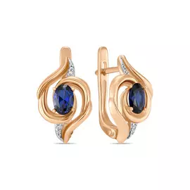 Золотые серьги c выращенным сапфиром и фианитами