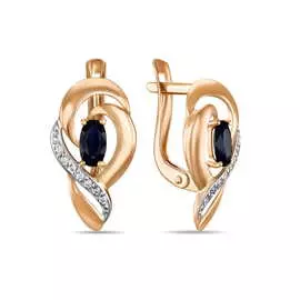 Золотые серьги c выращенным сапфиром и фианитами