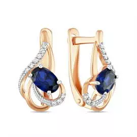 Золотые серьги c выращенным сапфиром и фианитами