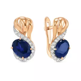 Золотые серьги c выращенным сапфиром и фианитами