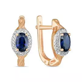 Золотые серьги c выращенным сапфиром и фианитами