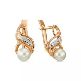 Золотые серьги c жемчугом и фианитами