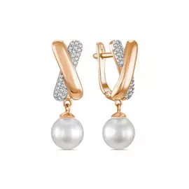Золотые Серьги c жемчугом и фианитами