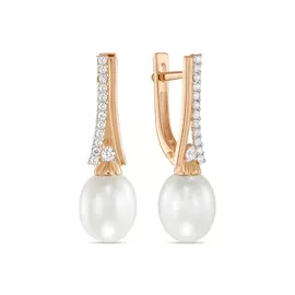 Золотые серьги c жемчугом и фианитами