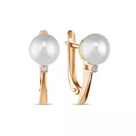 Золотые серьги c жемчугом и фианитами
