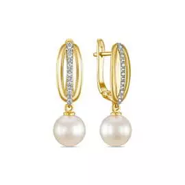 Золотые Серьги c жемчугом и фианитами