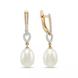 Золотые Серьги c жемчугом и фианитами