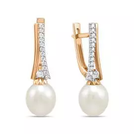 Золотые Серьги c жемчугом и фианитами