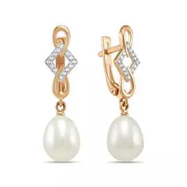 Золотые серьги c жемчугом и фианитами