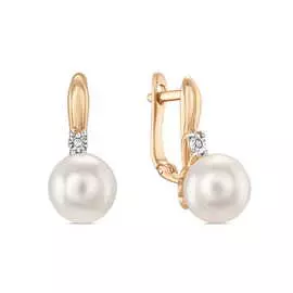 Золотые Серьги c жемчугом и фианитами