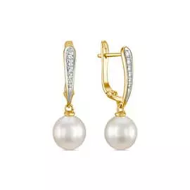 Золотые Серьги c жемчугом и фианитами