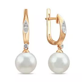 Золотые Серьги c жемчугом и фианитами
