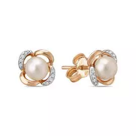 Золотые Серьги c жемчугом и фианитами